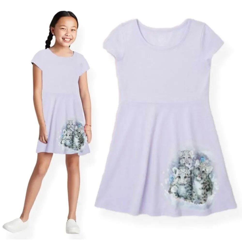 NWT Youth Girls Wonder Nation Snow Leopard Short Sleeve Play Dress - Sz L 10/12